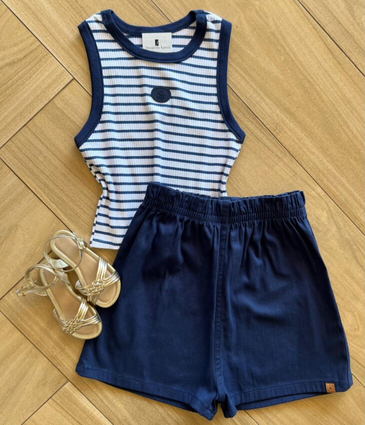 Conjunto Infantil Feminino Regata Listrada e Short Azul Escuro Fernanda Ramos Kids