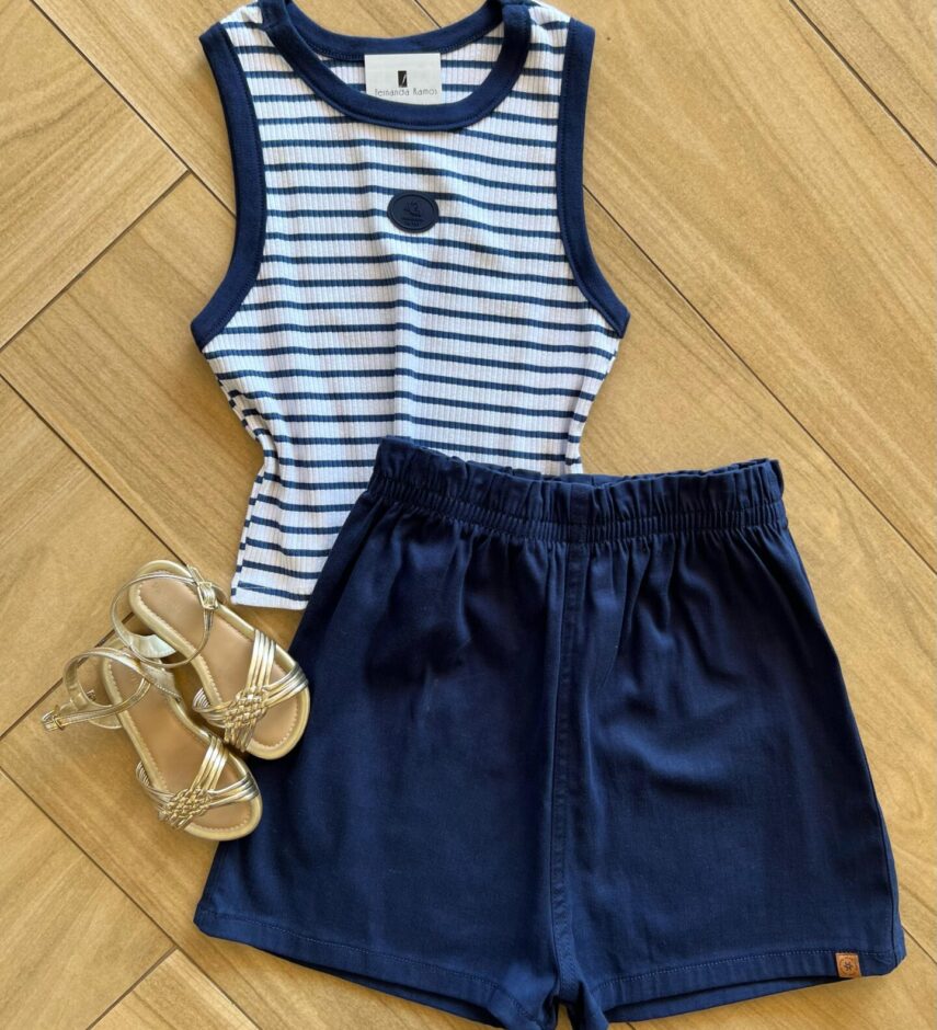 Conjunto Infantil Feminino Regata Listrada e Short Azul Escuro Fernanda Ramos Kids