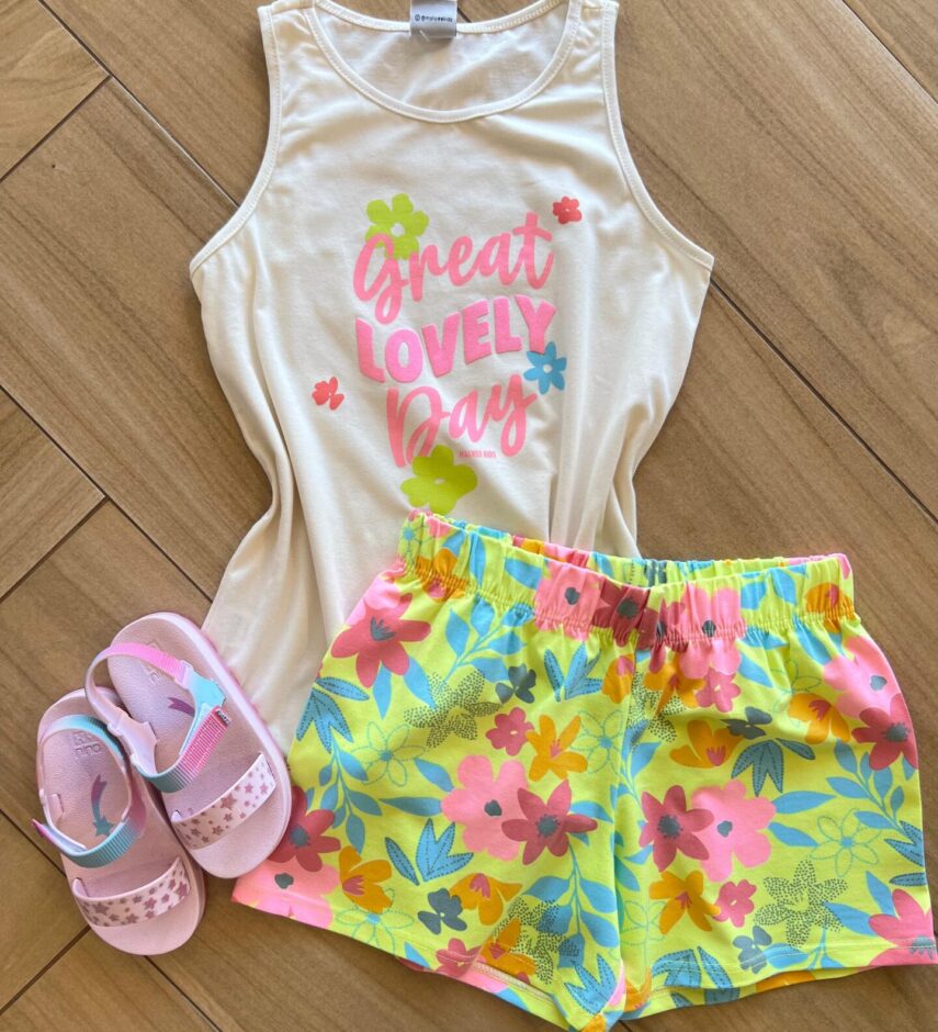 Conjunto Infantil Feminino Regata Lovely e Short Flor Fernanda Ramos Kids