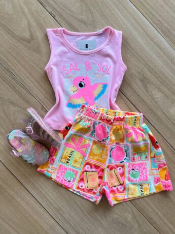 Conjunto Infantil Feminino Regata Sal Sol Rosa e Short Fernanda Ramos Kids