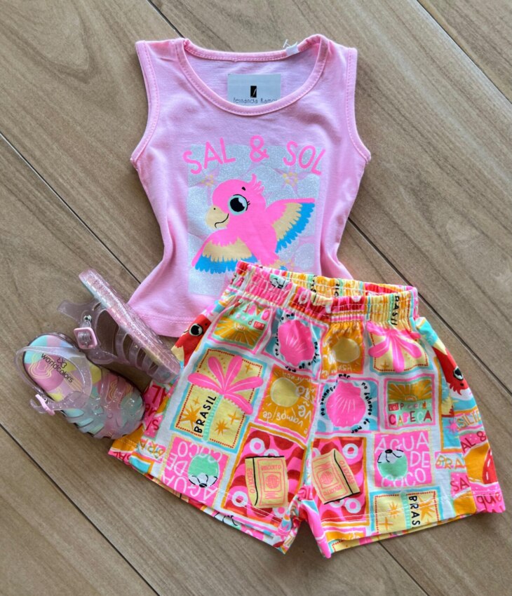 Conjunto Infantil Feminino Regata Sal Sol Rosa e Short Fernanda Ramos Kids