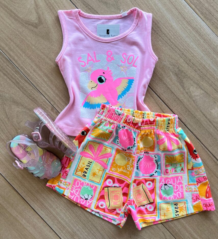 Conjunto Infantil Feminino Regata Sal Sol Rosa e Short Fernanda Ramos Kids