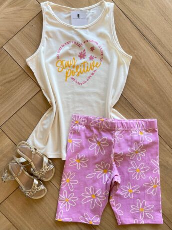 Conjunto Infantil Feminino Regata Stay Positive e Bermuda Estampada Fernanda Ramos Kids