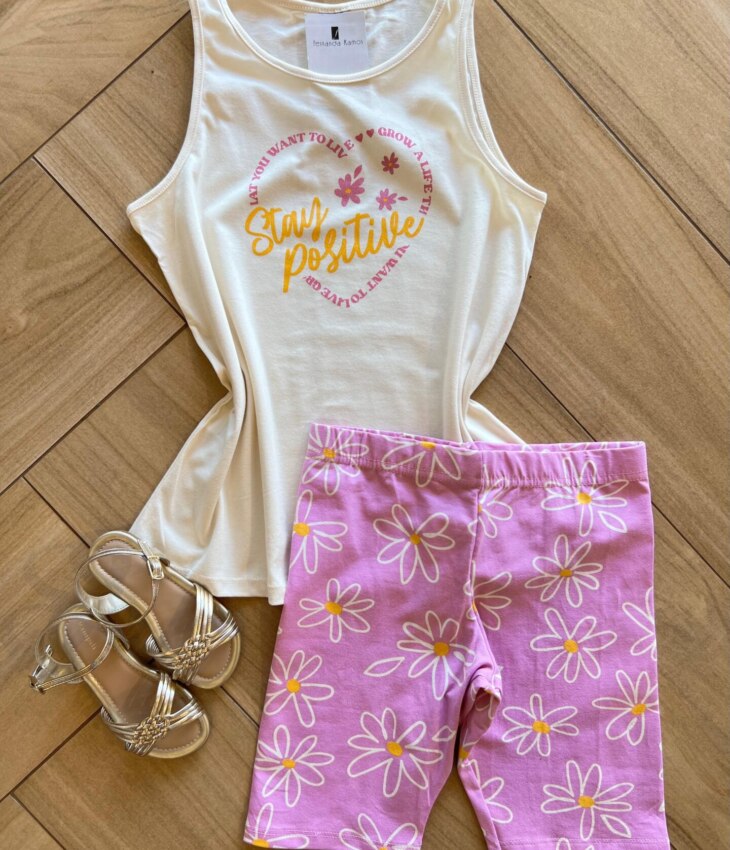 Conjunto Infantil Feminino Regata Stay Positive e Bermuda Estampada Fernanda Ramos Kids