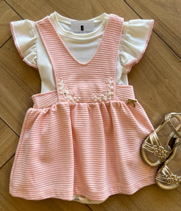 Conjunto Infantil Feminino Salopete Detalhes em Bordado Fernanda Ramos Kids