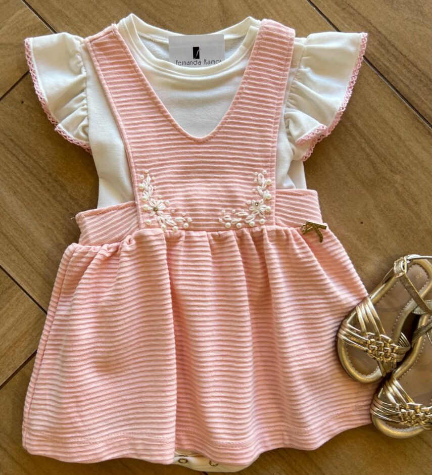 Conjunto Infantil Feminino Salopete Detalhes em Bordado Fernanda Ramos Kids