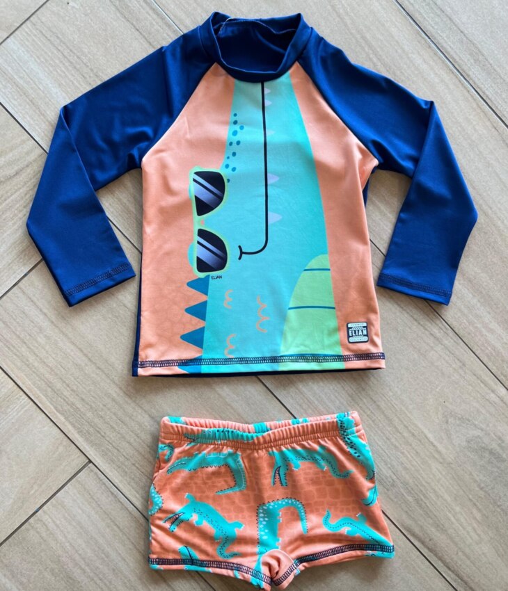 Conjunto Infantil Masculino Blusa Térmica e Sunga Dinossauro Fernanda Ramos Kids