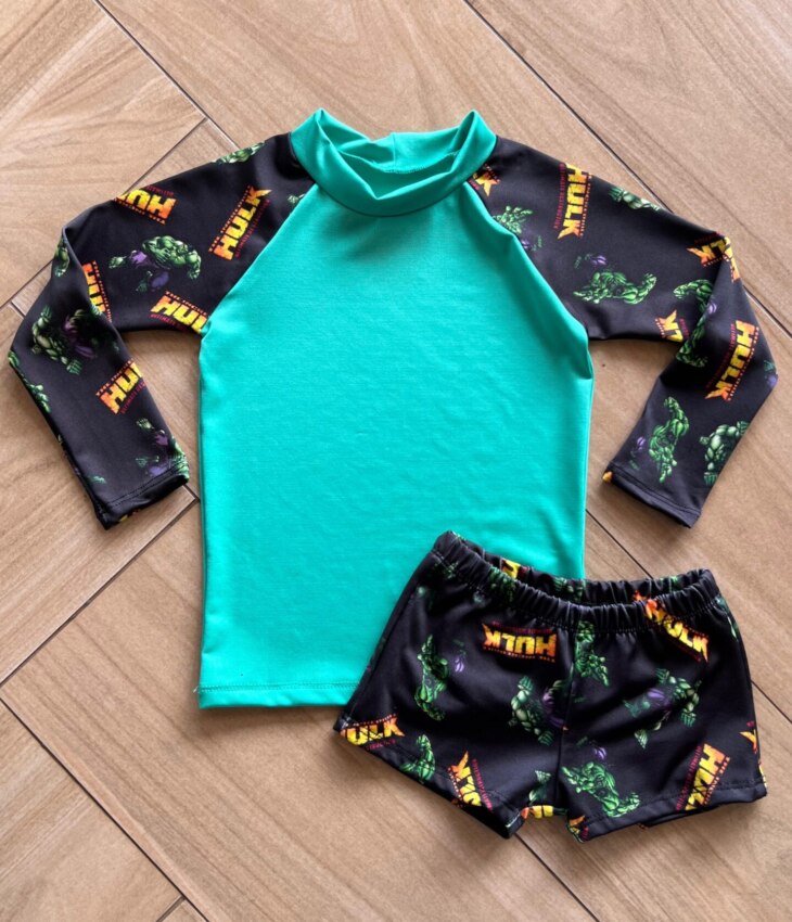 Conjunto Infantil Masculino Blusa Térmica e Sunga Hulk Fernanda Ramos Kids