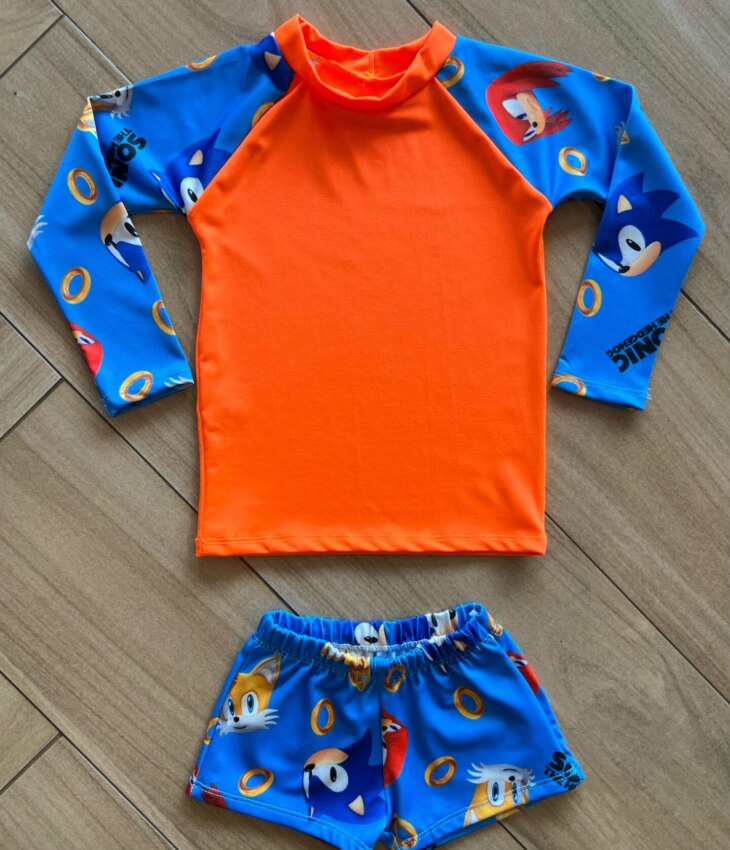 Conjunto Infantil Masculino Blusa Térmica e Sunga Sonic Fernanda Ramos Kids