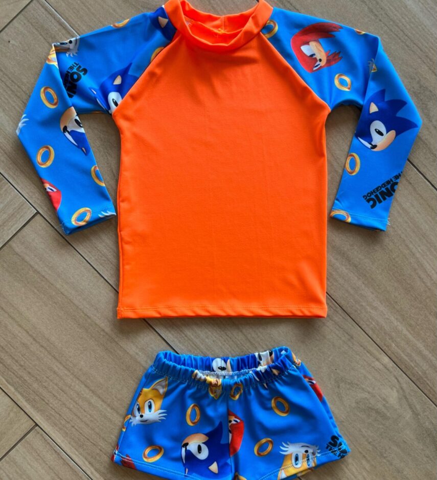 Conjunto Infantil Masculino Blusa Térmica e Sunga Sonic Fernanda Ramos Kids