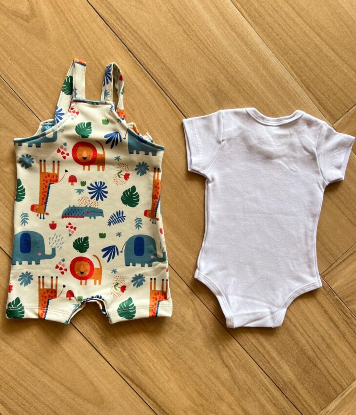 Conjunto Infantil Masculino Body Babador e Jardineira Estampada Nude Fernanda Ramos Kids