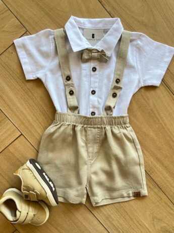 Conjunto Infantil Masculino Body Branco e Bermuda com Suspensório Fernanda Ramos Kids