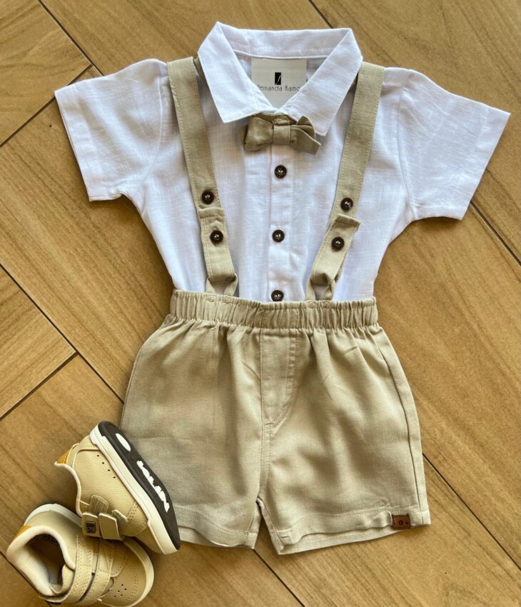 Conjunto Infantil Masculino Body Branco e Bermuda com Suspensório Fernanda Ramos Kids