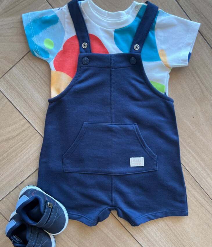Conjunto Infantil Masculino Body Manga Curta e Jardineira Moletom Fernanda Ramos Kids