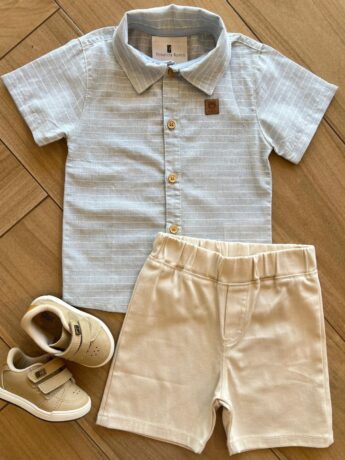 Conjunto Infantil Masculino Camisa Listrada e Bermuda Bege Fernanda Ramos Kids