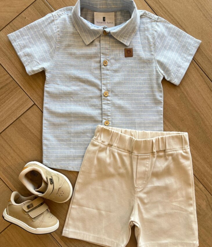 Conjunto Infantil Masculino Camisa Listrada e Bermuda Bege Fernanda Ramos Kids
