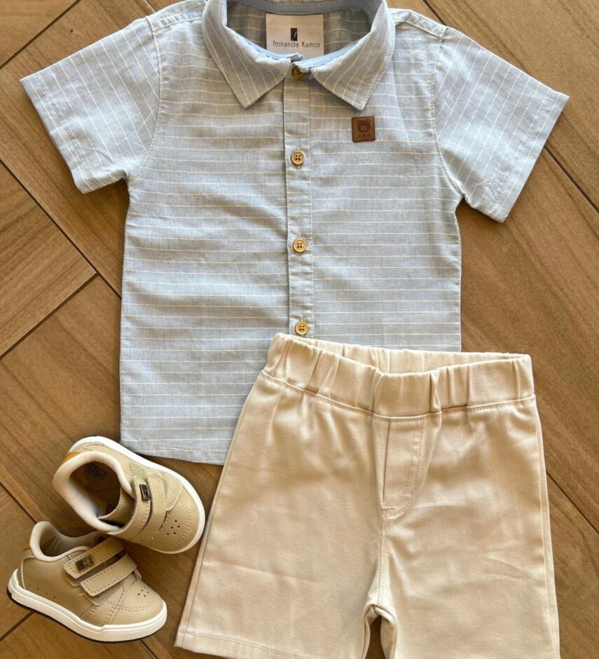 Conjunto Infantil Masculino Camisa Listrada e Bermuda Bege Fernanda Ramos Kids