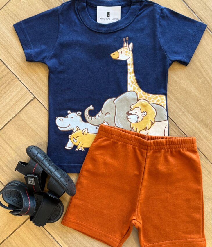 Conjunto Infantil Masculino Camiseta Azul e Bermuda Terra Cota Fernanda Ramos Kids