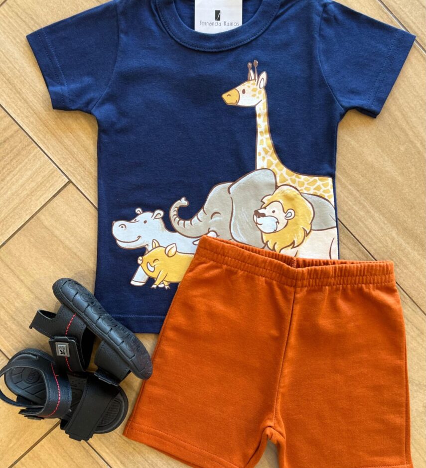 Conjunto Infantil Masculino Camiseta Azul e Bermuda Terra Cota Fernanda Ramos Kids