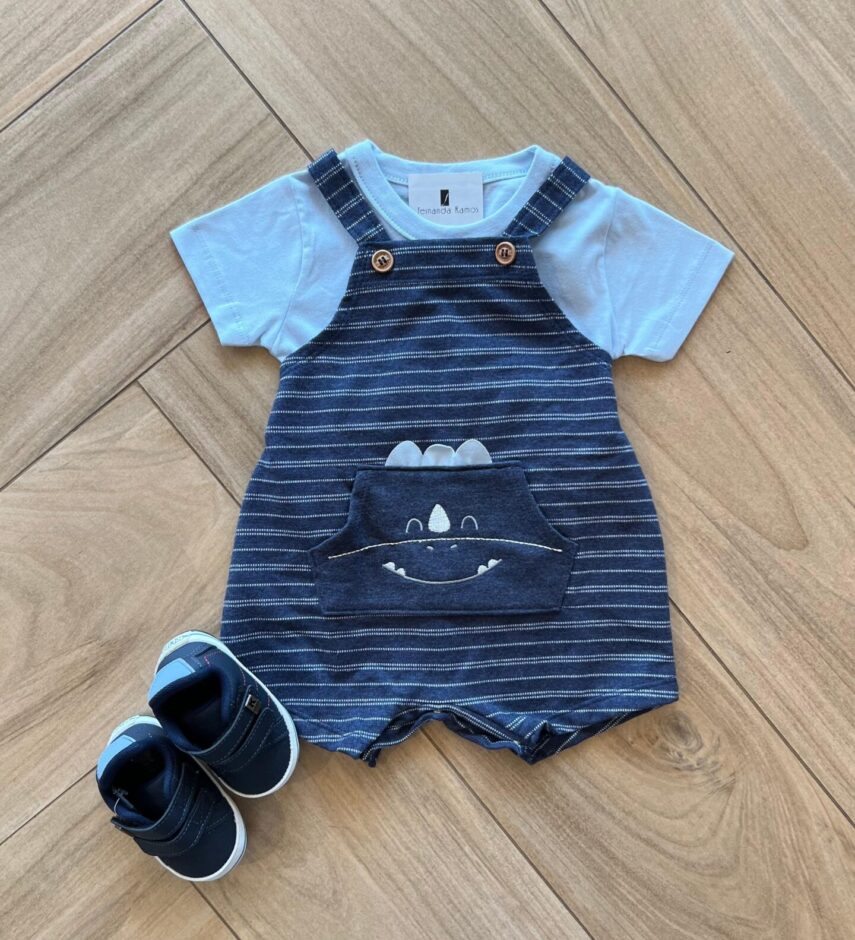 Conjunto Infantil Masculino Camiseta Azul e Jardineira Fernanda Ramos Kids