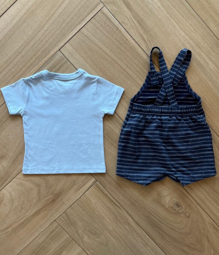 fernandaramoskids com br Conjunto Infantil Masculino Camiseta Azul e Jardineira 2