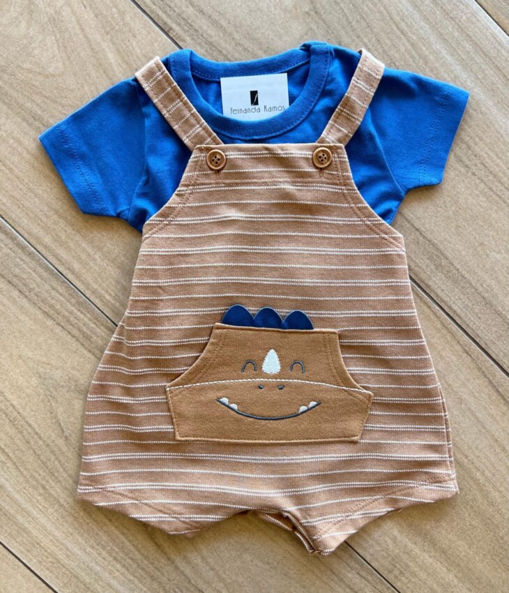 Conjunto Infantil Masculino Camiseta Azul e Jardineira Listrada Fernanda Ramos Kids