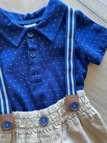 fernandaramoskids com br Conjunto Infantil Masculino Camiseta Azul Poá e Jardineira 1