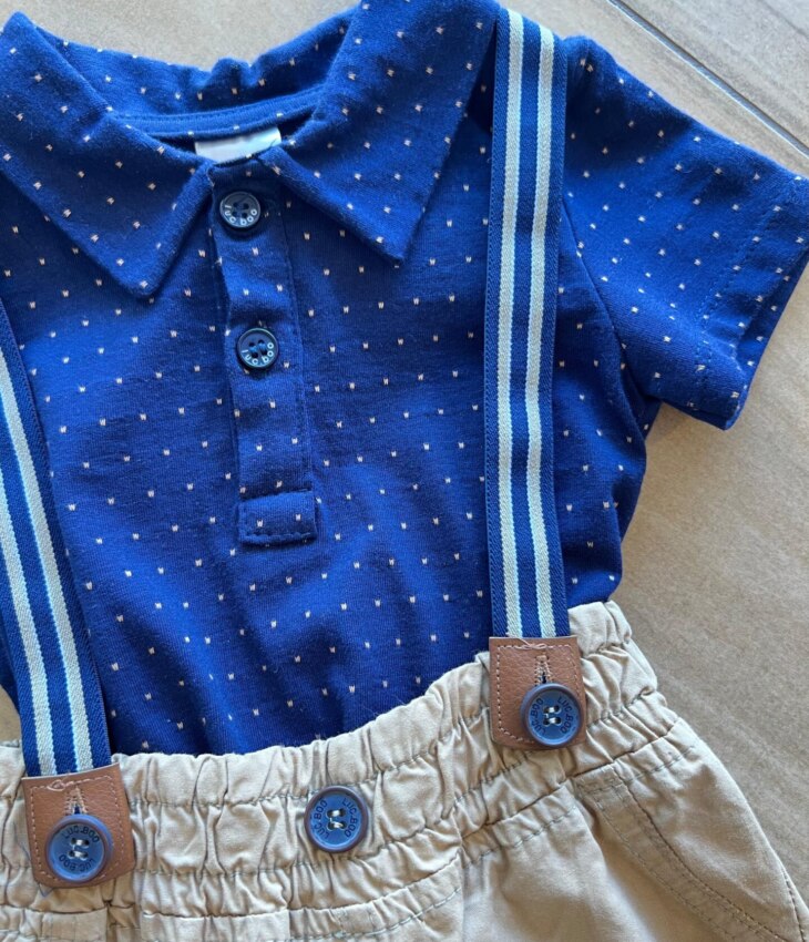 fernandaramoskids com br Conjunto Infantil Masculino Camiseta Azul Poá e Jardineira 1