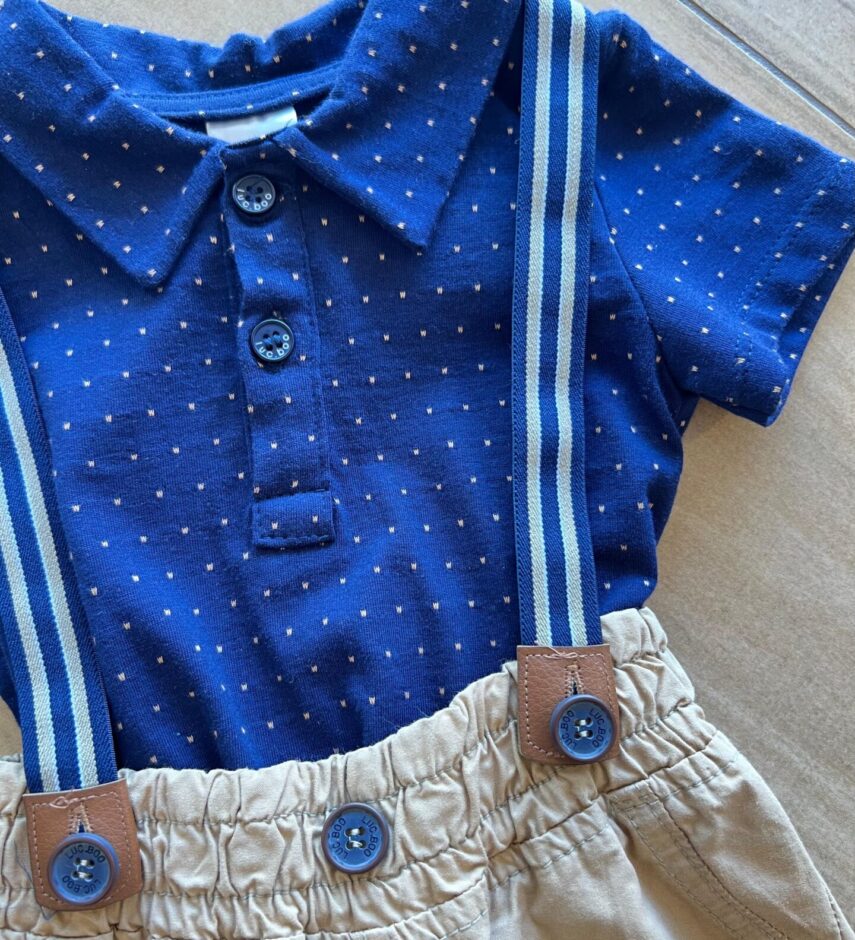 fernandaramoskids com br Conjunto Infantil Masculino Camiseta Azul Poá e Jardineira 1
