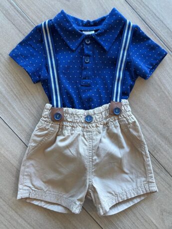 Conjunto Infantil Masculino Camiseta Azul Poá e Jardineira Fernanda ramos kids