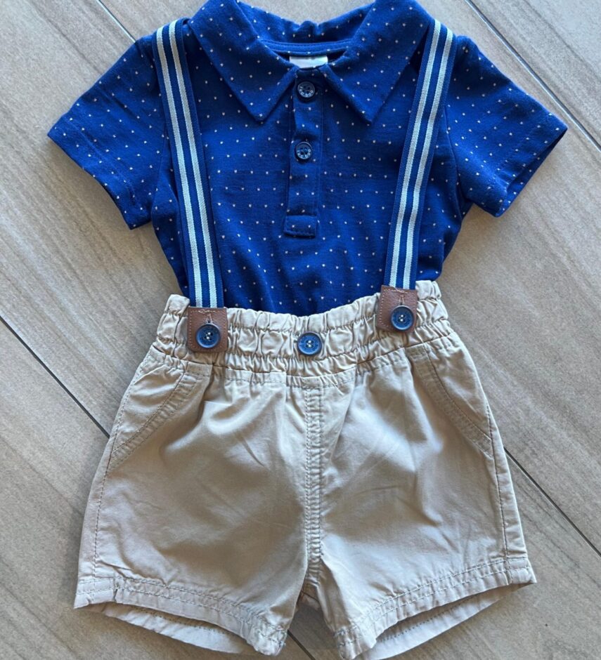 Conjunto Infantil Masculino Camiseta Azul Poá e Jardineira Fernanda ramos kids