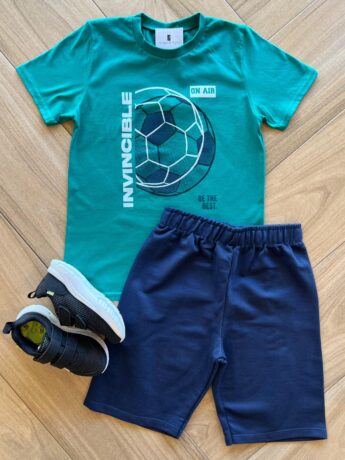 Conjunto Infantil Masculino Camiseta Bola e Bermuda Azul Fernanda Ramos Kids