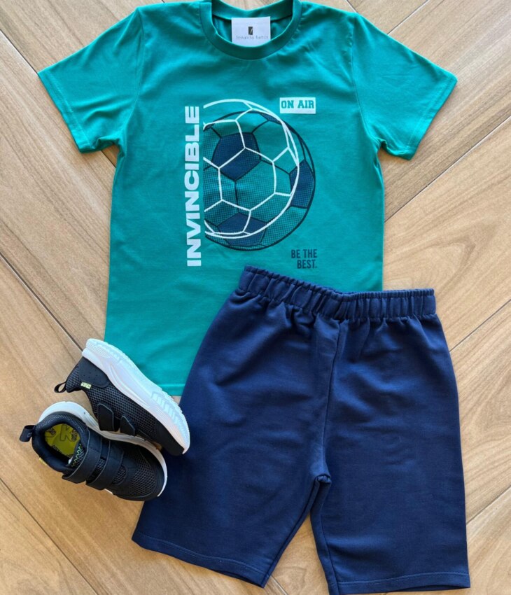 Conjunto Infantil Masculino Camiseta Bola e Bermuda Azul Fernanda Ramos Kids