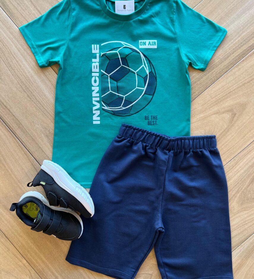 Conjunto Infantil Masculino Camiseta Bola e Bermuda Azul Fernanda Ramos Kids
