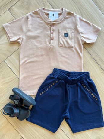 Conjunto Infantil Masculino Camiseta com Bolso e Bermuda Azul Fernanda Ramos Kids
