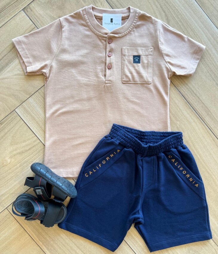 Conjunto Infantil Masculino Camiseta com Bolso e Bermuda Azul Fernanda Ramos Kids