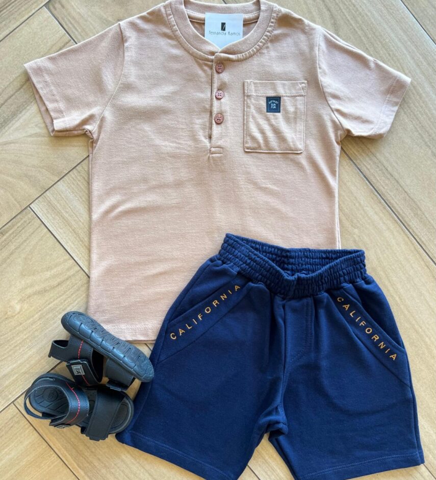 Conjunto Infantil Masculino Camiseta com Bolso e Bermuda Azul Fernanda Ramos Kids