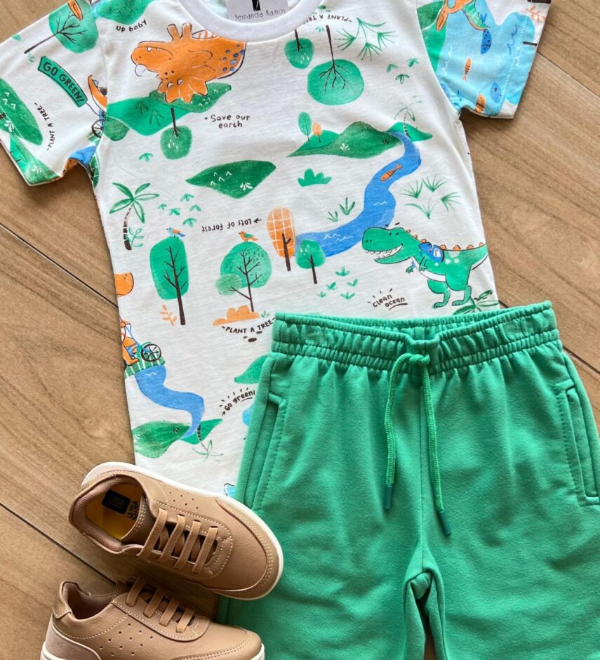 fernandaramoskids com br Conjunto Infantil Masculino Camiseta e Bermuda Mundo Dino 1
