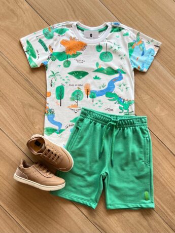 Conjunto Infantil Masculino Camiseta e Bermuda Mundo Dino Fernanda Ramos Kids