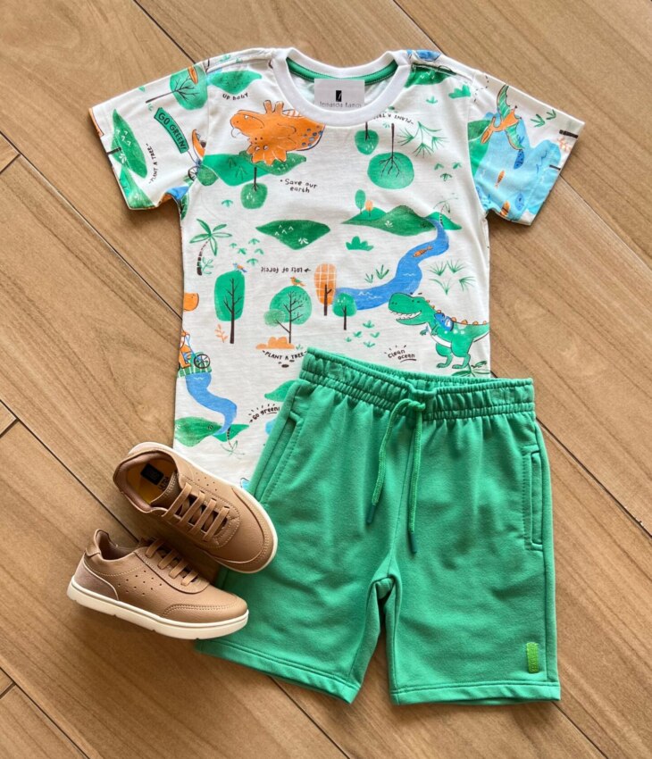 Conjunto Infantil Masculino Camiseta e Bermuda Mundo Dino Fernanda Ramos Kids