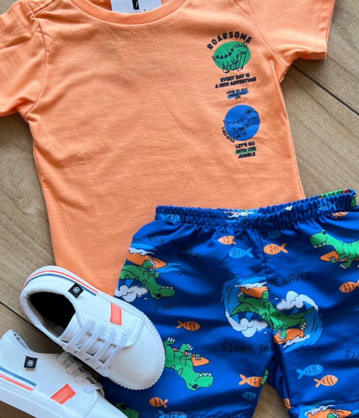 fernandaramoskids com br Conjunto Infantil Masculino Camiseta e Bermuda Mundo Dino Azul 1