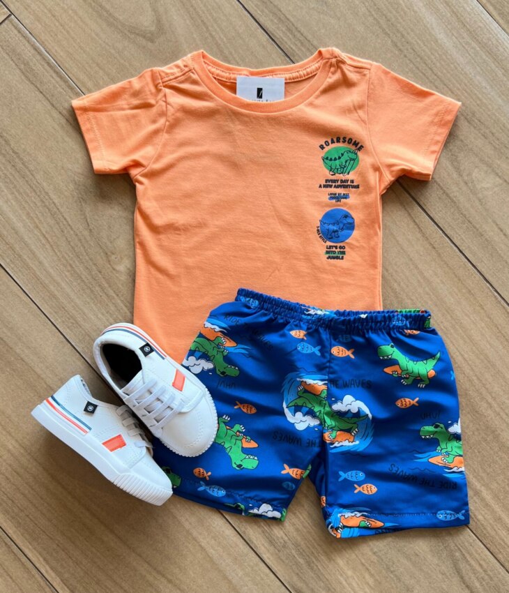 Conjunto Infantil Masculino Camiseta e Bermuda Mundo Dino Azul Fernanda Ramos Kids