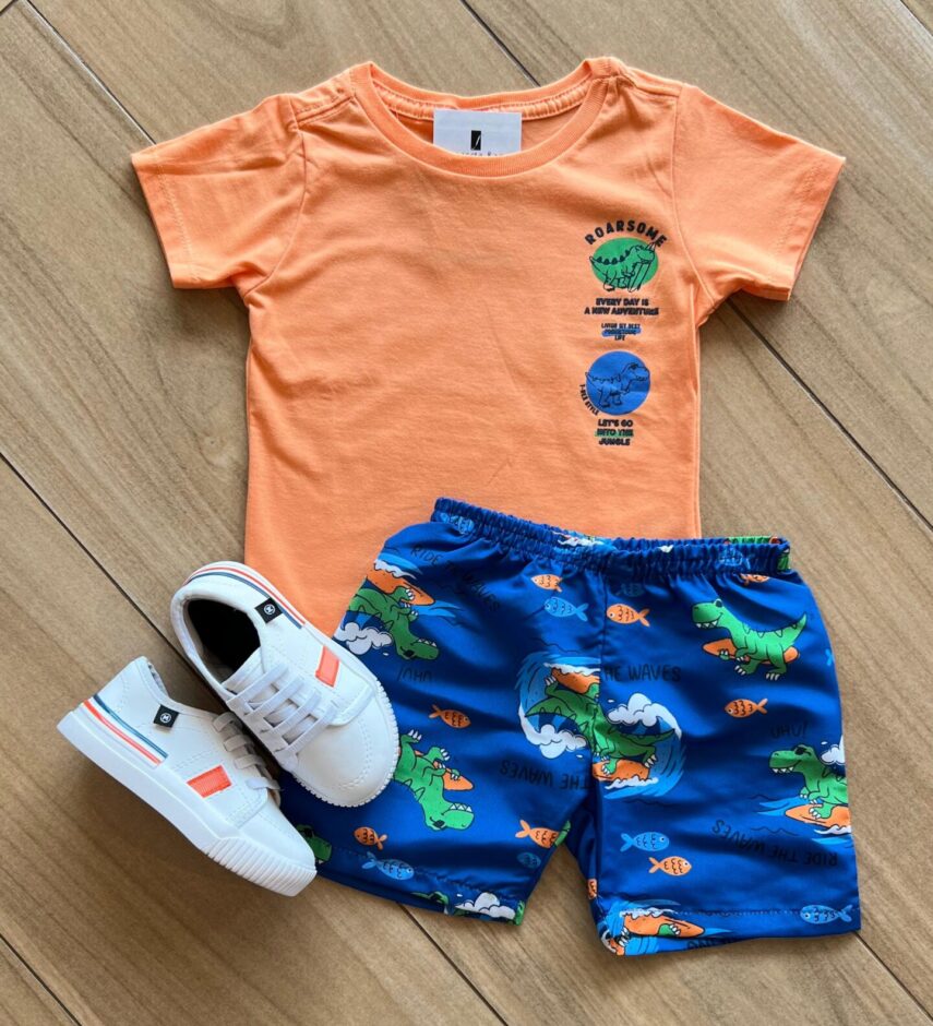 Conjunto Infantil Masculino Camiseta e Bermuda Mundo Dino Azul Fernanda Ramos Kids