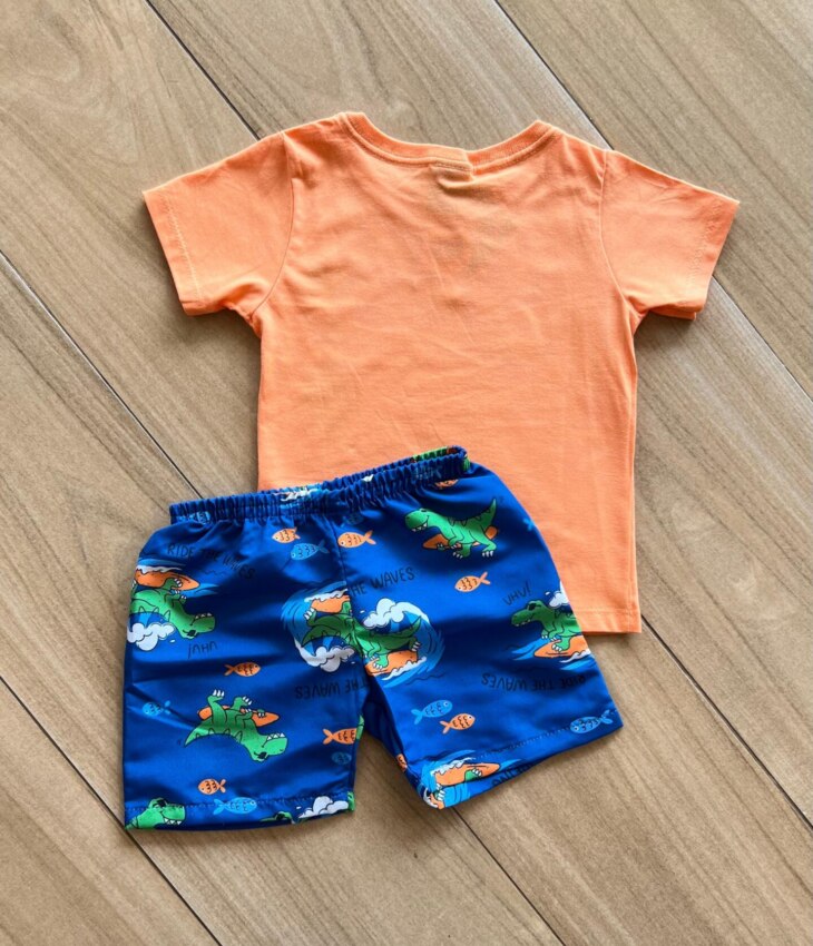 fernandaramoskids com br Conjunto Infantil Masculino Camiseta e Bermuda Mundo Dino Azul 2