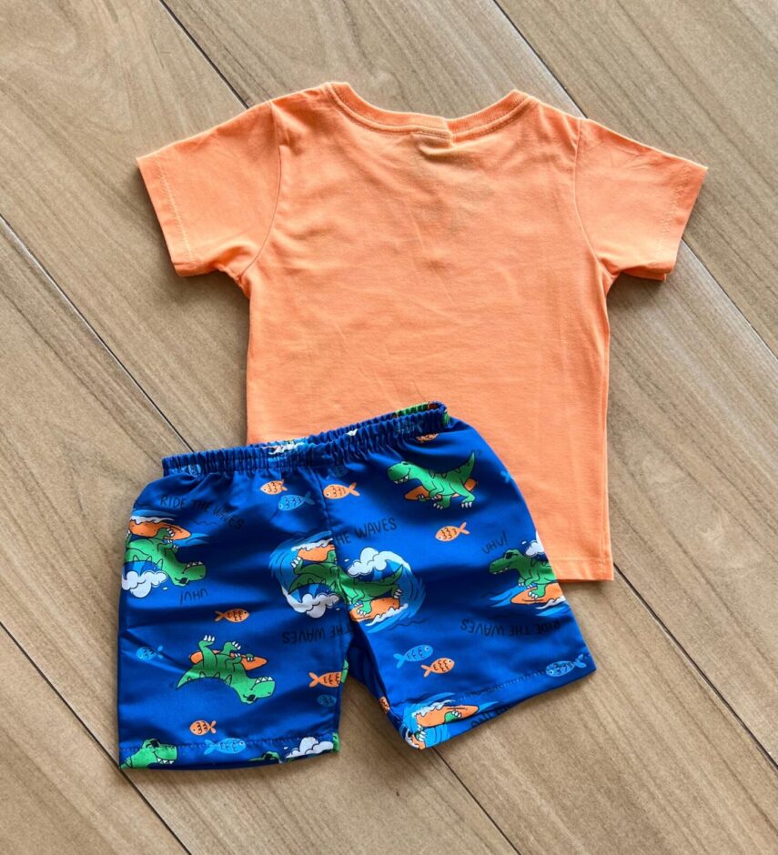 fernandaramoskids com br Conjunto Infantil Masculino Camiseta e Bermuda Mundo Dino Azul 2
