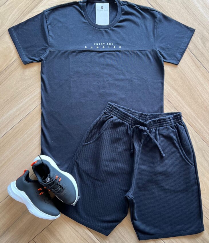 Conjunto Infantil Masculino Camiseta Enjoy e Bermuda Preto Fernanda Ramos Kids