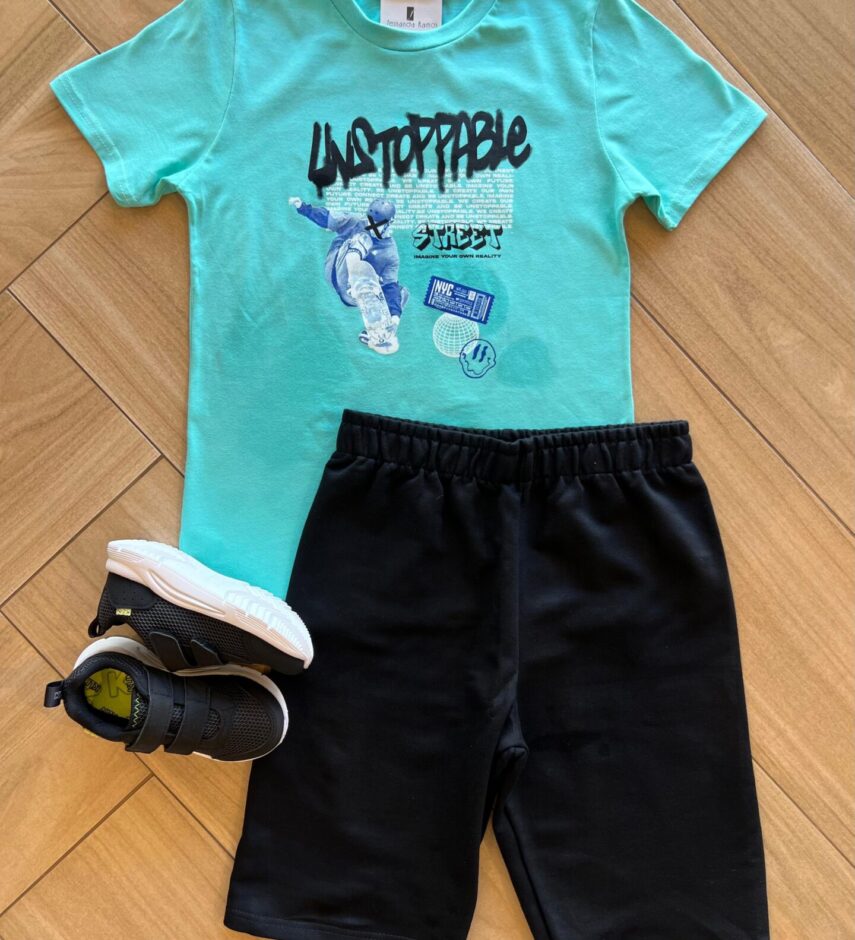 Conjunto Infantil Masculino Camiseta Esqueitista e Bermuda Fernanda Ramos Kids