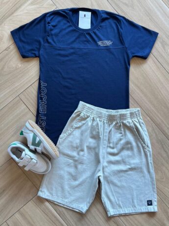 Conjunto Infantil Masculino Camiseta Just Enjoy e Bermuda Bege Fernanda Ramos Kids