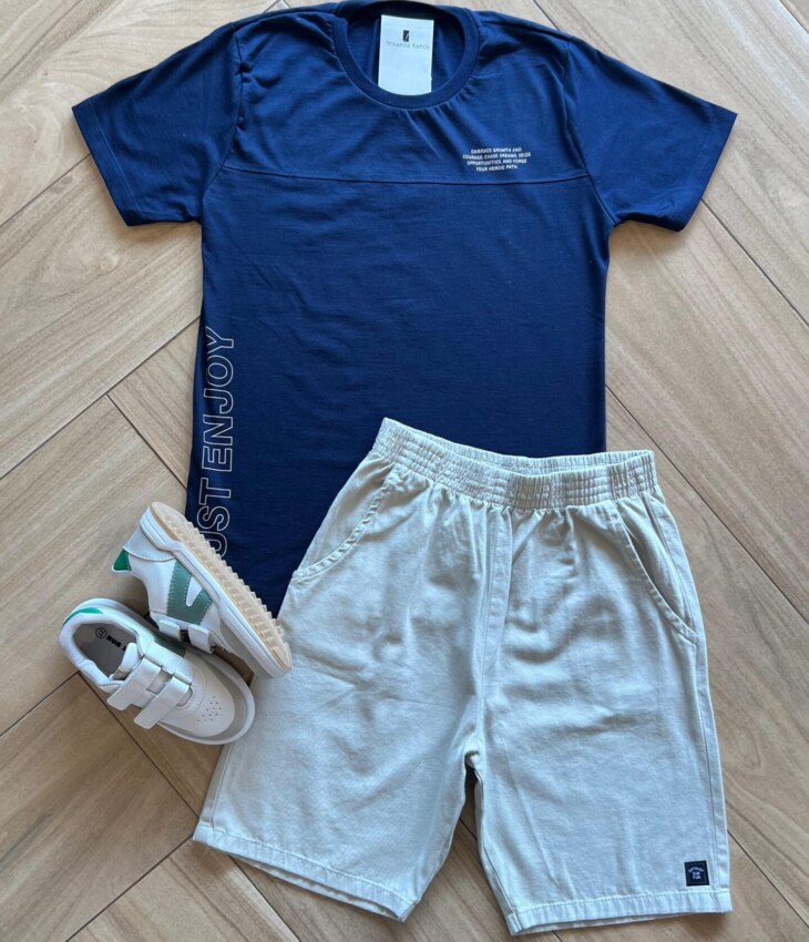 Conjunto Infantil Masculino Camiseta Just Enjoy e Bermuda Bege Fernanda Ramos Kids