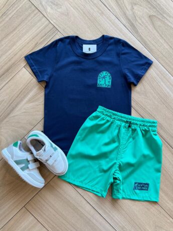 Conjunto Infantil Masculino Camiseta Just Fun e Bermuda Verde Fernanda Ramos Kids